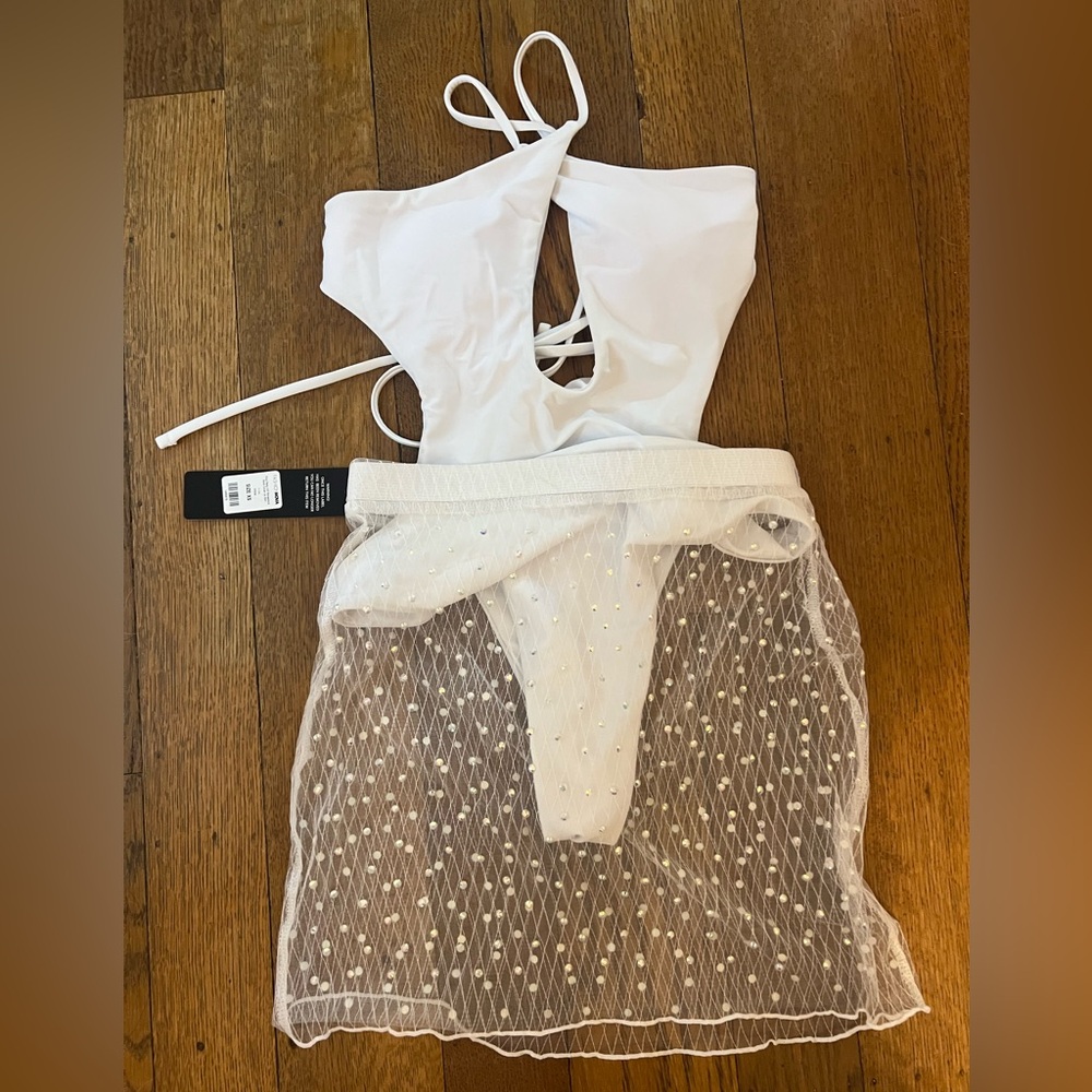 Fashionnova White One Piece Swim and Coverup Mini Skirt / Bachelorette Swim